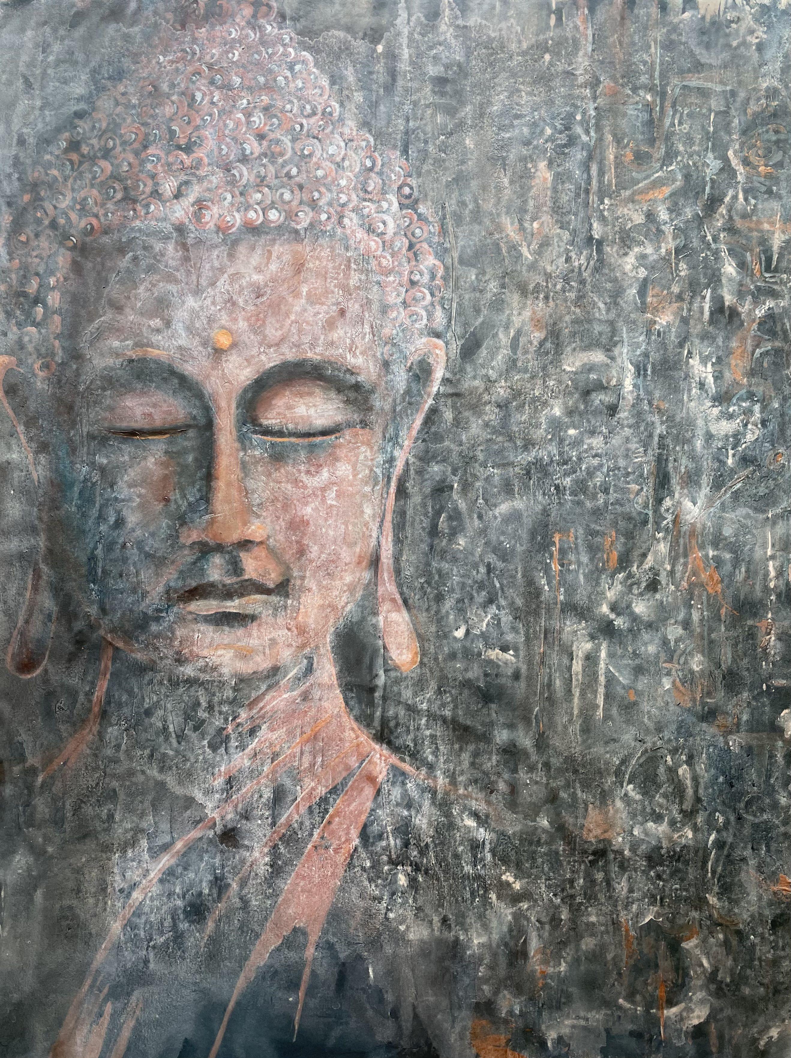Bouddha et symboles - Peinture grand format, Peinture, Acrylique sur toile - Art de Koorosh Nejad