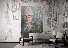 Buddha e simboli - Dipinto di grandi dimensioni, Pittura, Acrilico su tela