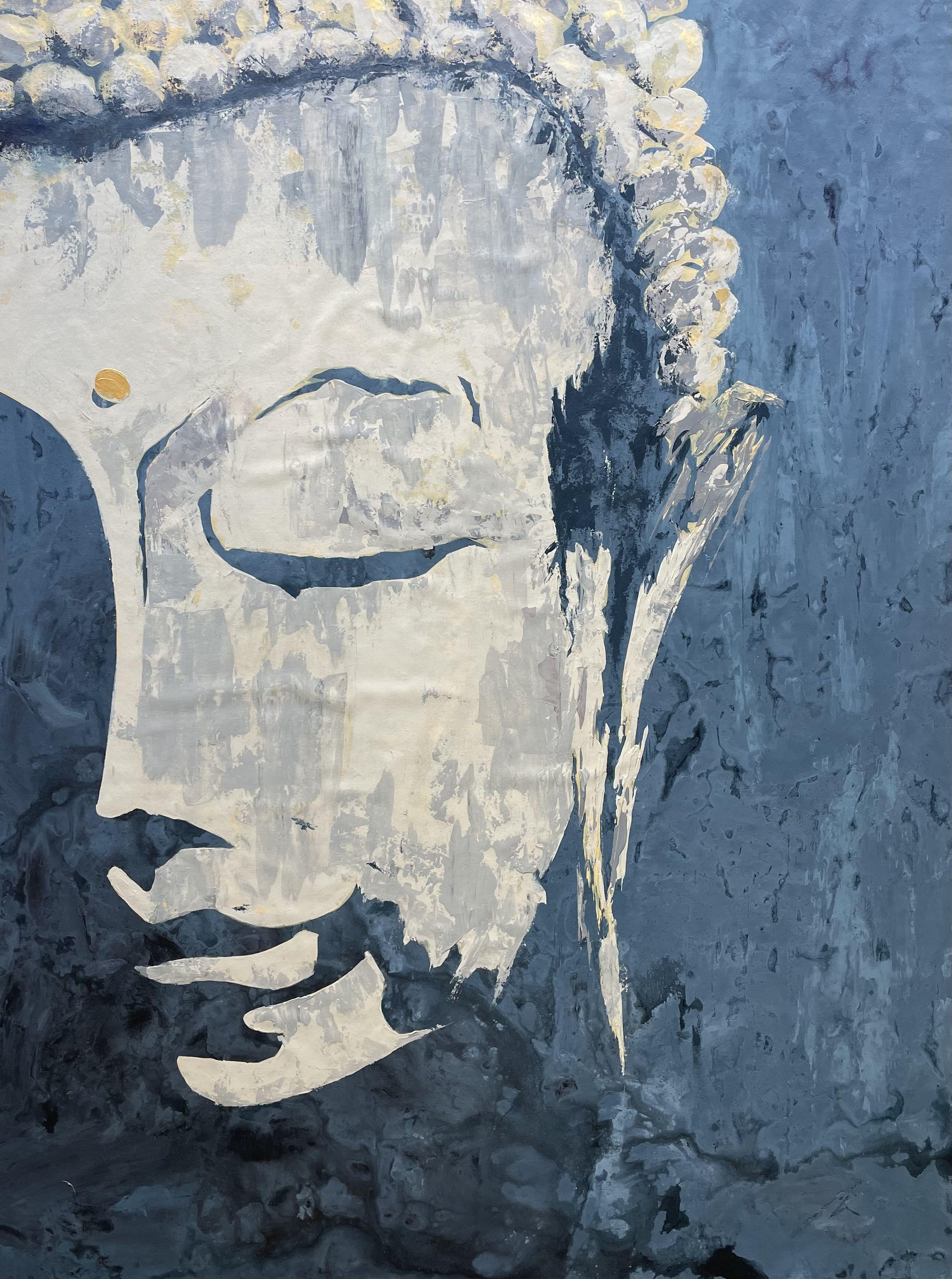Buddha und Blues – Großformatiges Gemälde, Malerei, Acryl auf Leinwand – Art von Koorosh Nejad