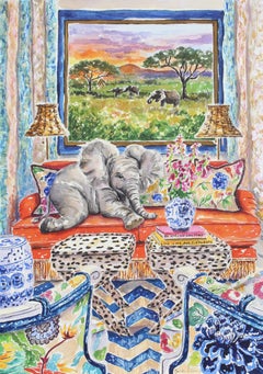 Couch Safari, Malerei, Aquarell auf Papier