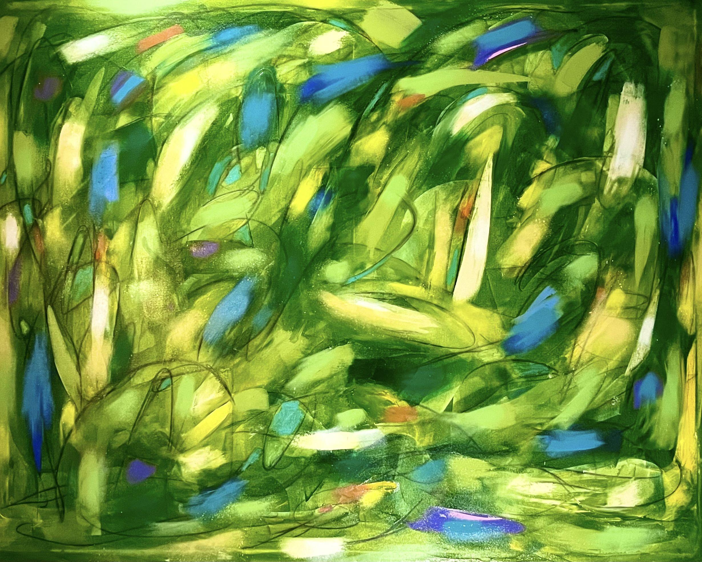 Green comets, Painting, Acrylic on Canvas - Art by Laurent Proneur