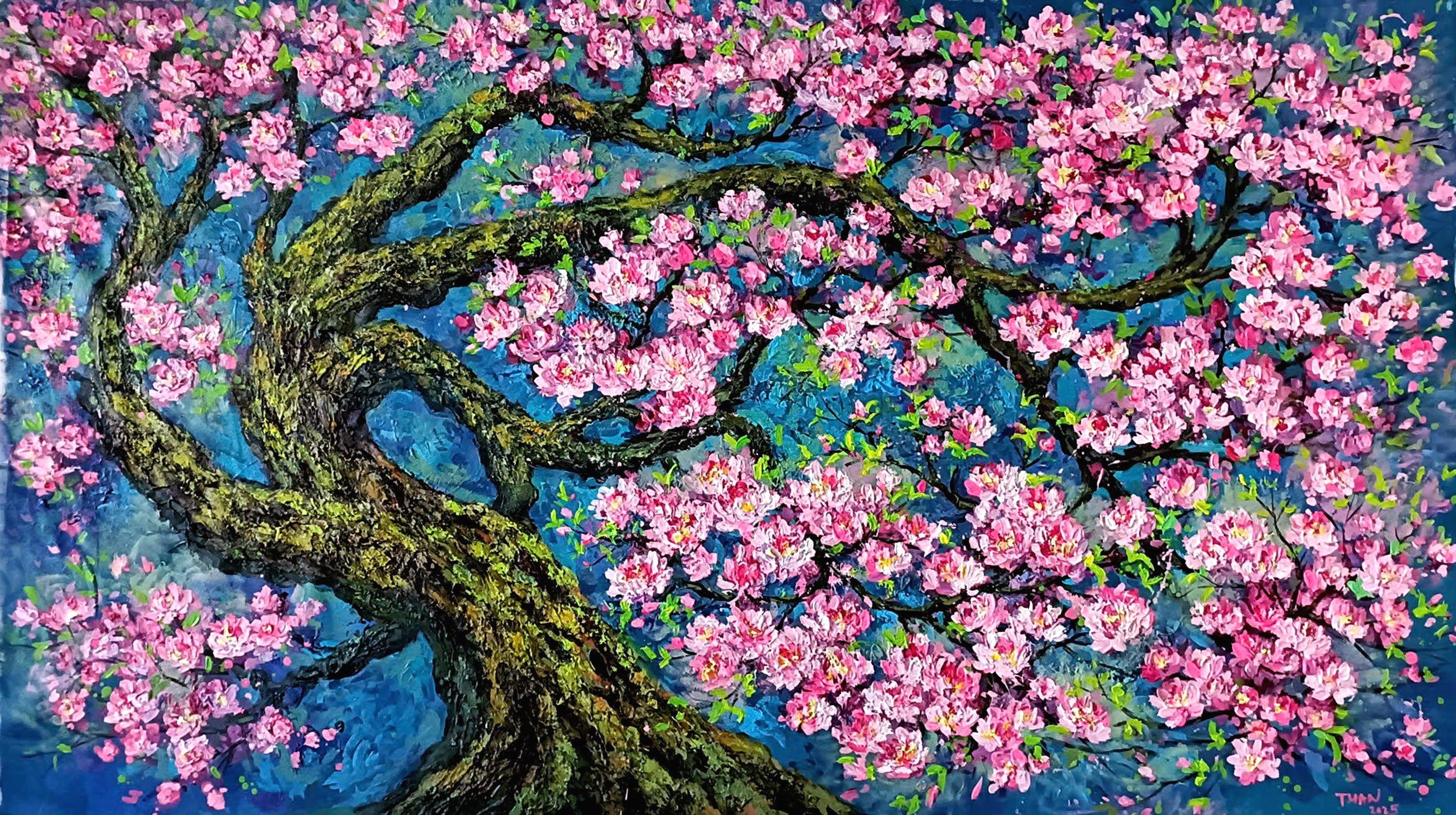 Fleurs de pêcher au printemps, peinture, acrylique sur toile - Art de LE ANH TUAN