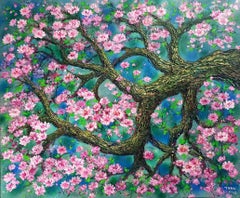 Fleurs de cerisier au début du printemps, peinture, acrylique sur toile