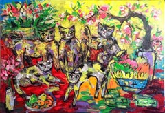 La familia de los gatos y la primavera, Pintura, acrílico sobre lienzo