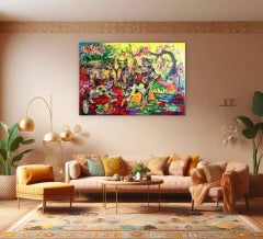 La familia de los gatos y la primavera, Pintura, acrílico sobre lienzo