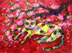 Peach blossom and cat, Painting, Acrylic on Canvas