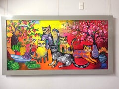 La famiglia dei gatti e la primavera, Dipinto, Acrilico su tela