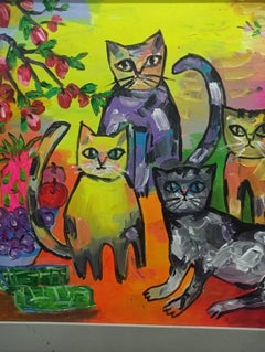 La famiglia dei gatti e la primavera, Dipinto, Acrilico su tela