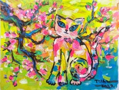 Fiori di pesco e gatto, Dipinto, Acrilico su tela
