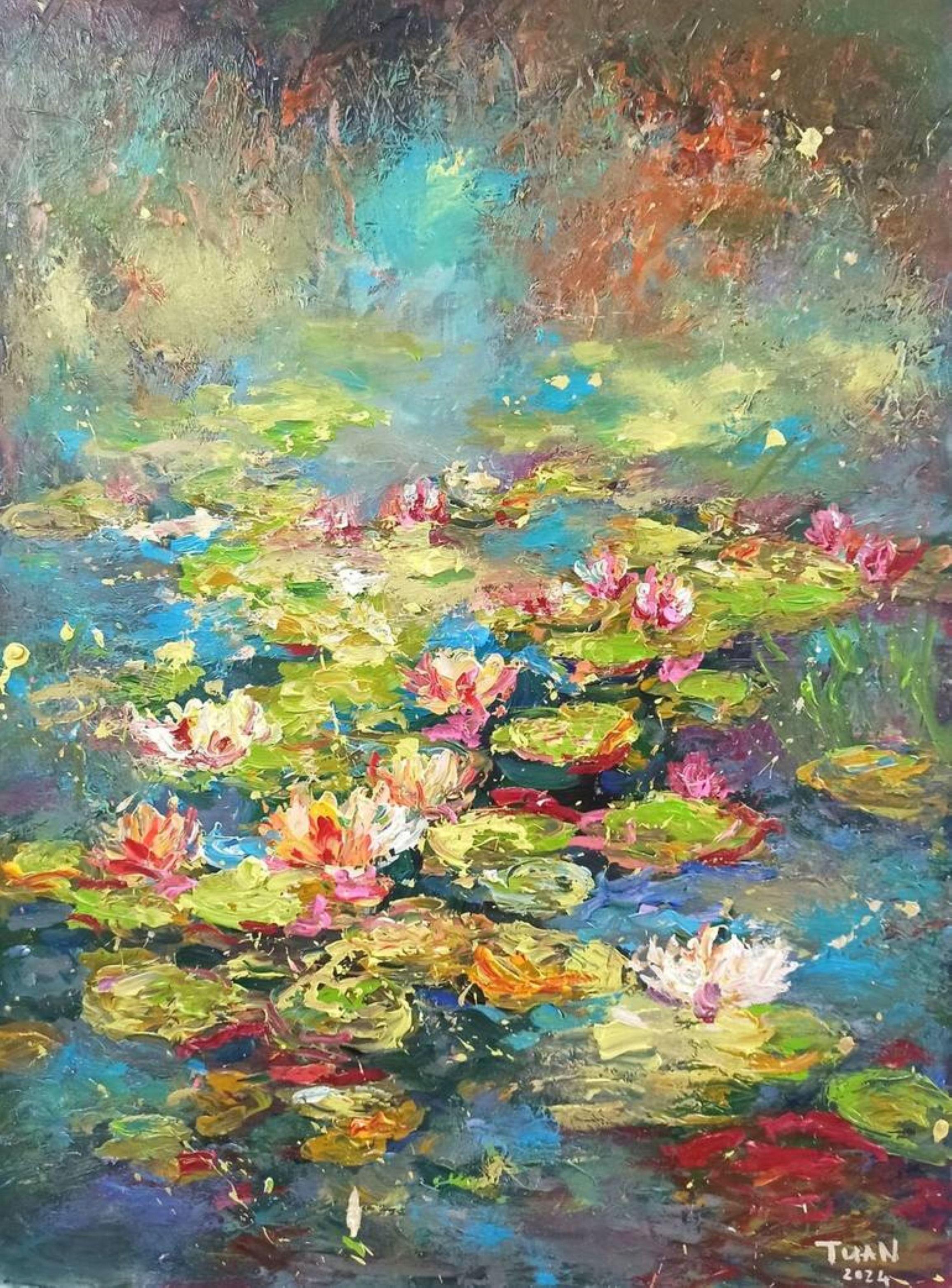 Lake surface in full bloom, Painting, Acrylic on Canvas