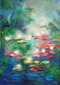 Lake surface in full bloom, Painting, Acrylic on Canvas