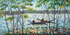 Paysage matinal au bord de la rivière, Peinture, Acrylique sur toile
