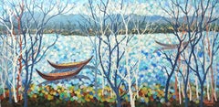Paysage matinal au bord de la rivière, Peinture, Acrylique sur toile