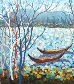 Paysage matinal au bord de la rivière, Peinture, Acrylique sur toile