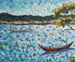 Paysage matinal au bord de la rivière, Peinture, Acrylique sur toile