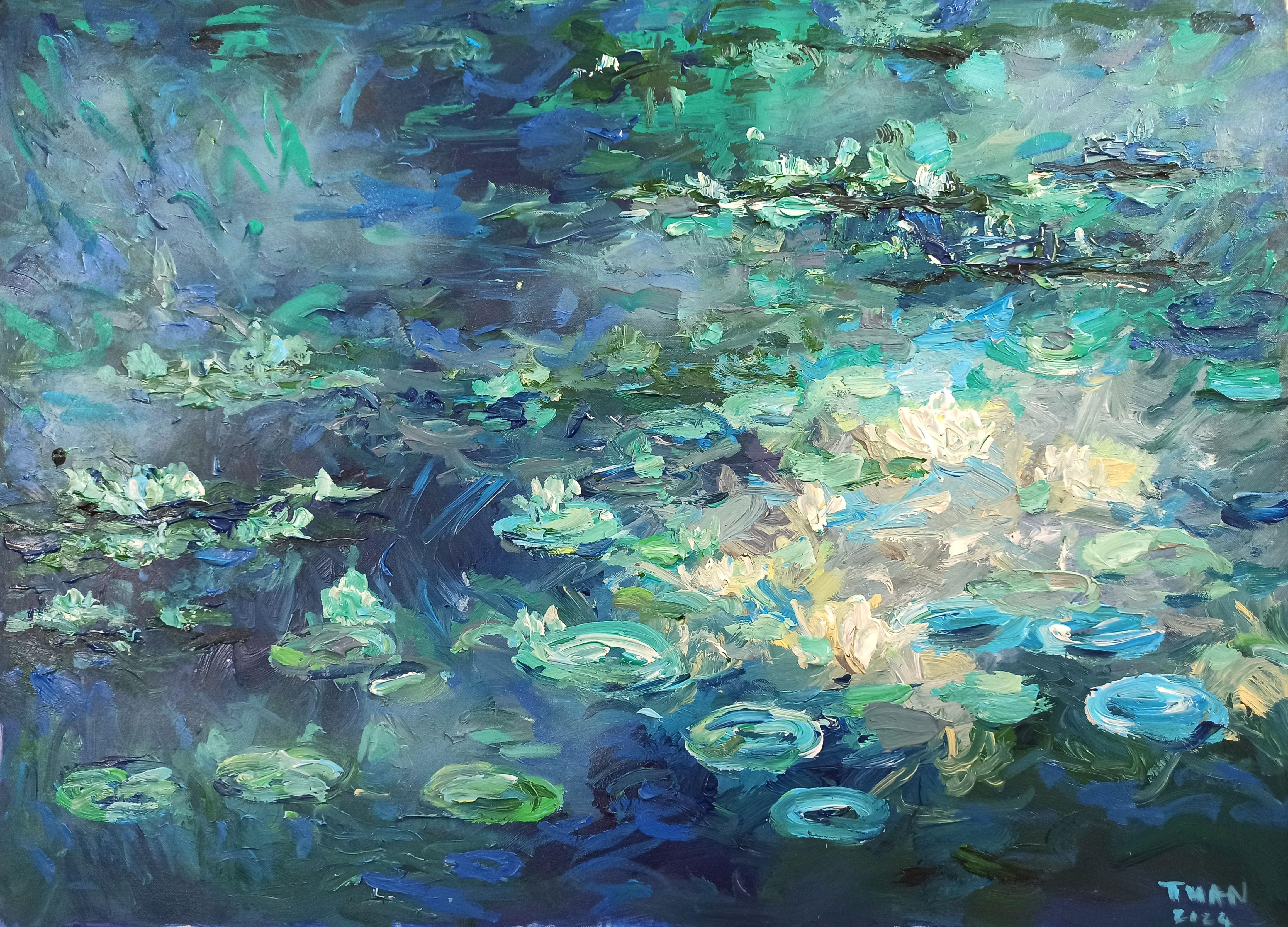 Étang de lotus en fleurs, Peinture, Acrylique sur toile