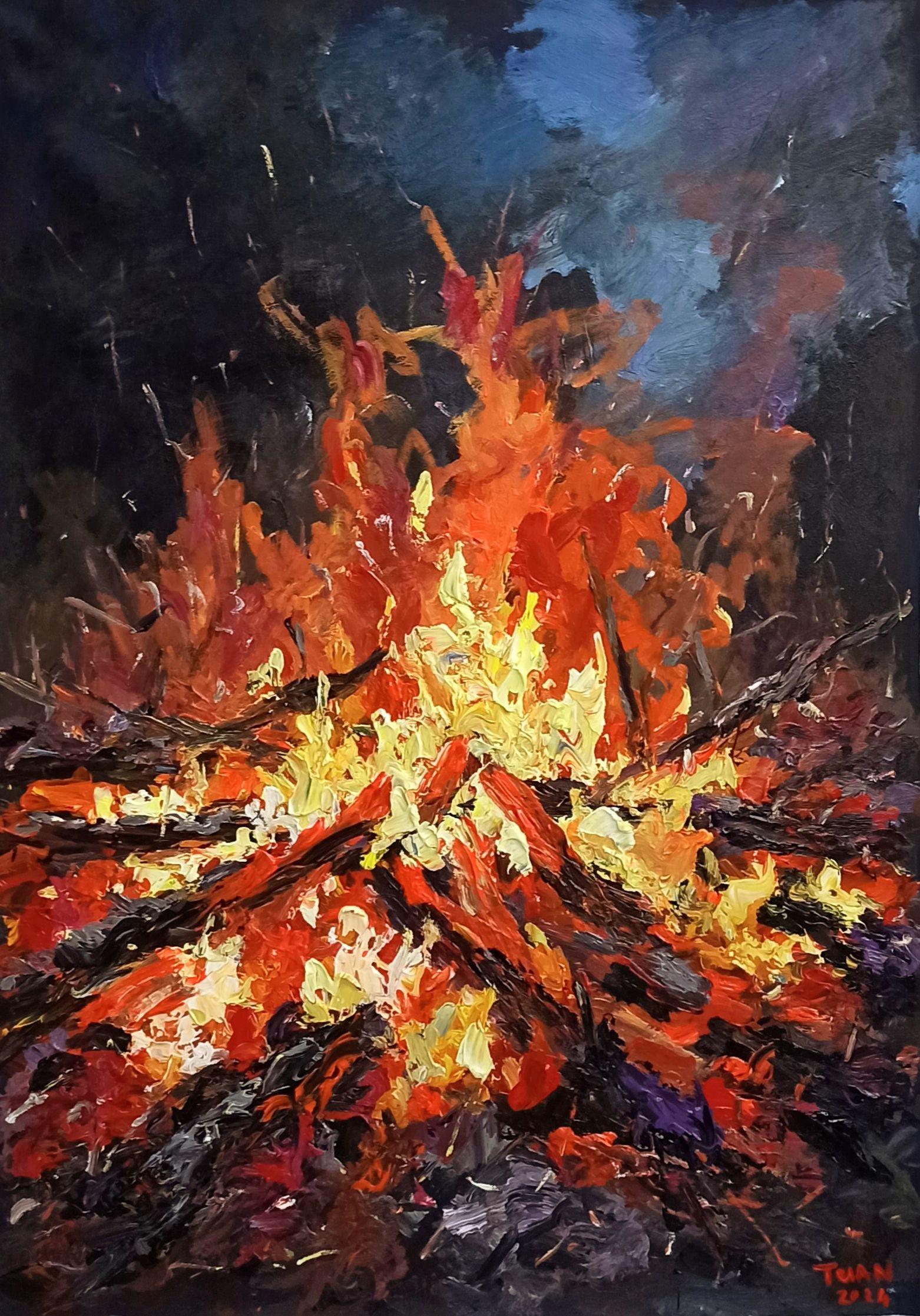 Una cálida chimenea en invierno, Pintura, Acrílico sobre lienzo - Art de LE ANH TUAN