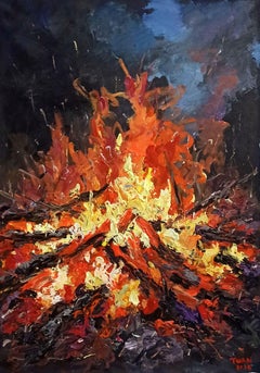 Warmes Winterfeuer, Gemälde, Acryl auf Leinwand