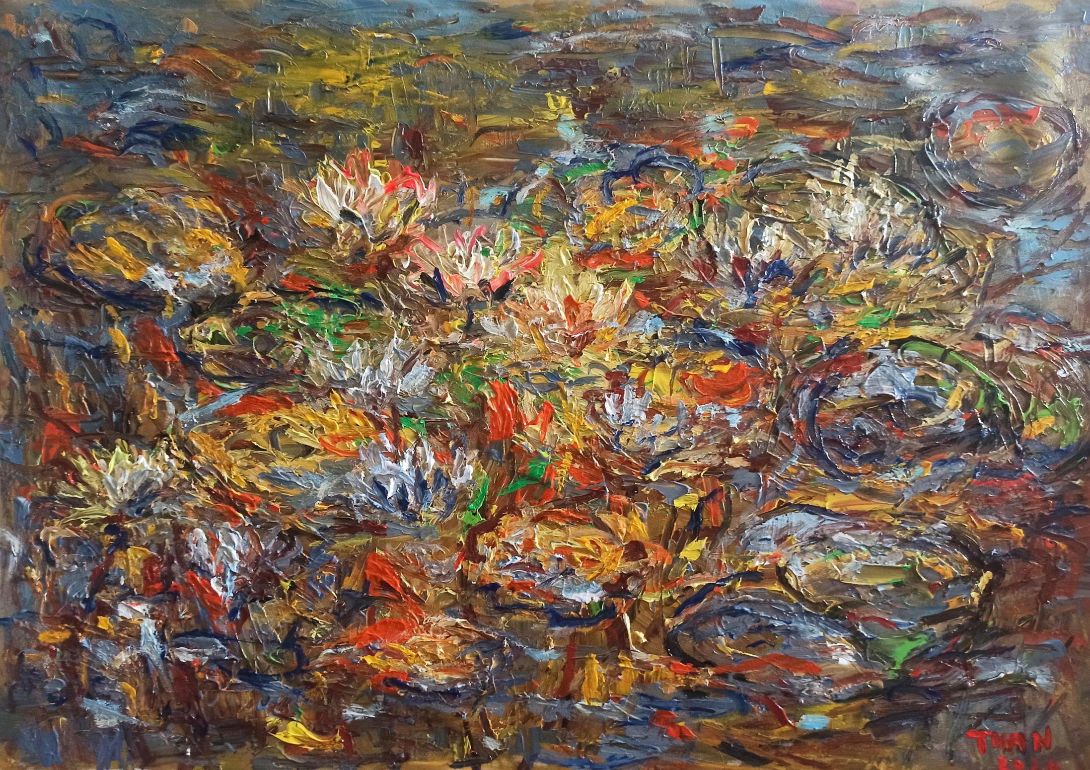 Blühender Lotusteich, Gemälde, Acryl auf Leinwand – Art von LE ANH TUAN