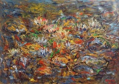 Blühender Lotusteich, Gemälde, Acryl auf Leinwand