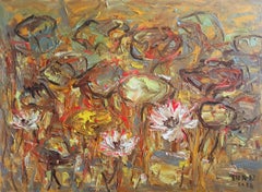 Blühender Lotusteich, Gemälde, Acryl auf Leinwand