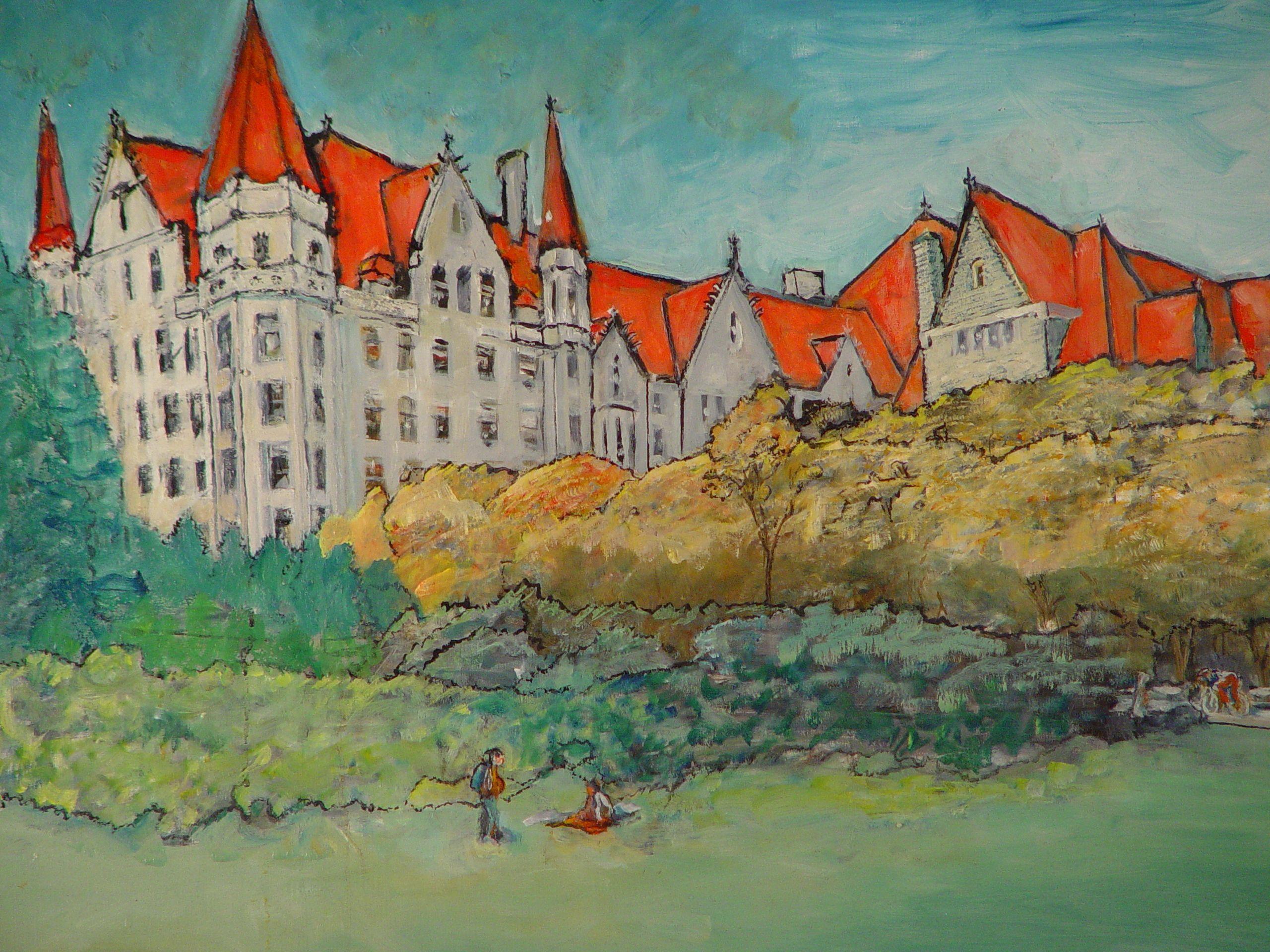 Les toits rouges de l'université de Chicago, peinture, huile sur toile - Art de Leon Sarantos