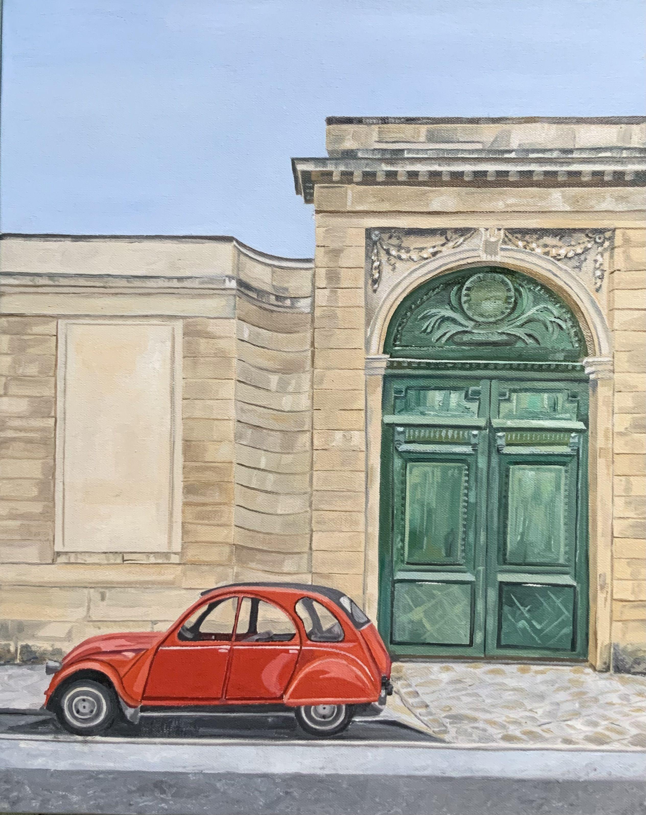 Porta verde e Citroen rossa a Parigi, Dipinto, Olio su tela - Art di Leslie White