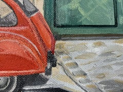 Green Door and Red Citroen in Paris, Painting, Oil on Canvas