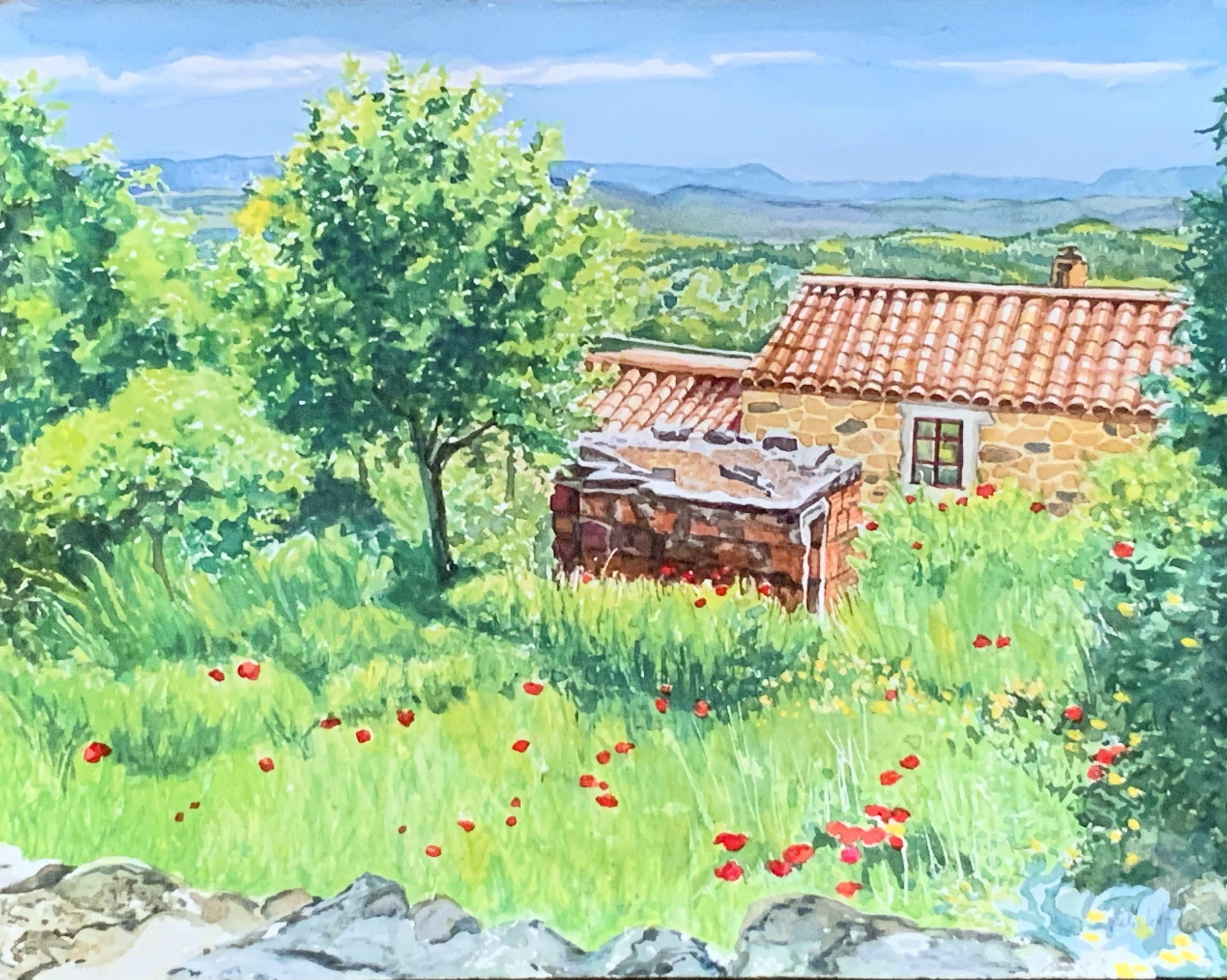 Coquelicots printaniers au Portugal, peinture, gouache sur papier aquarelle - Art de Leslie White