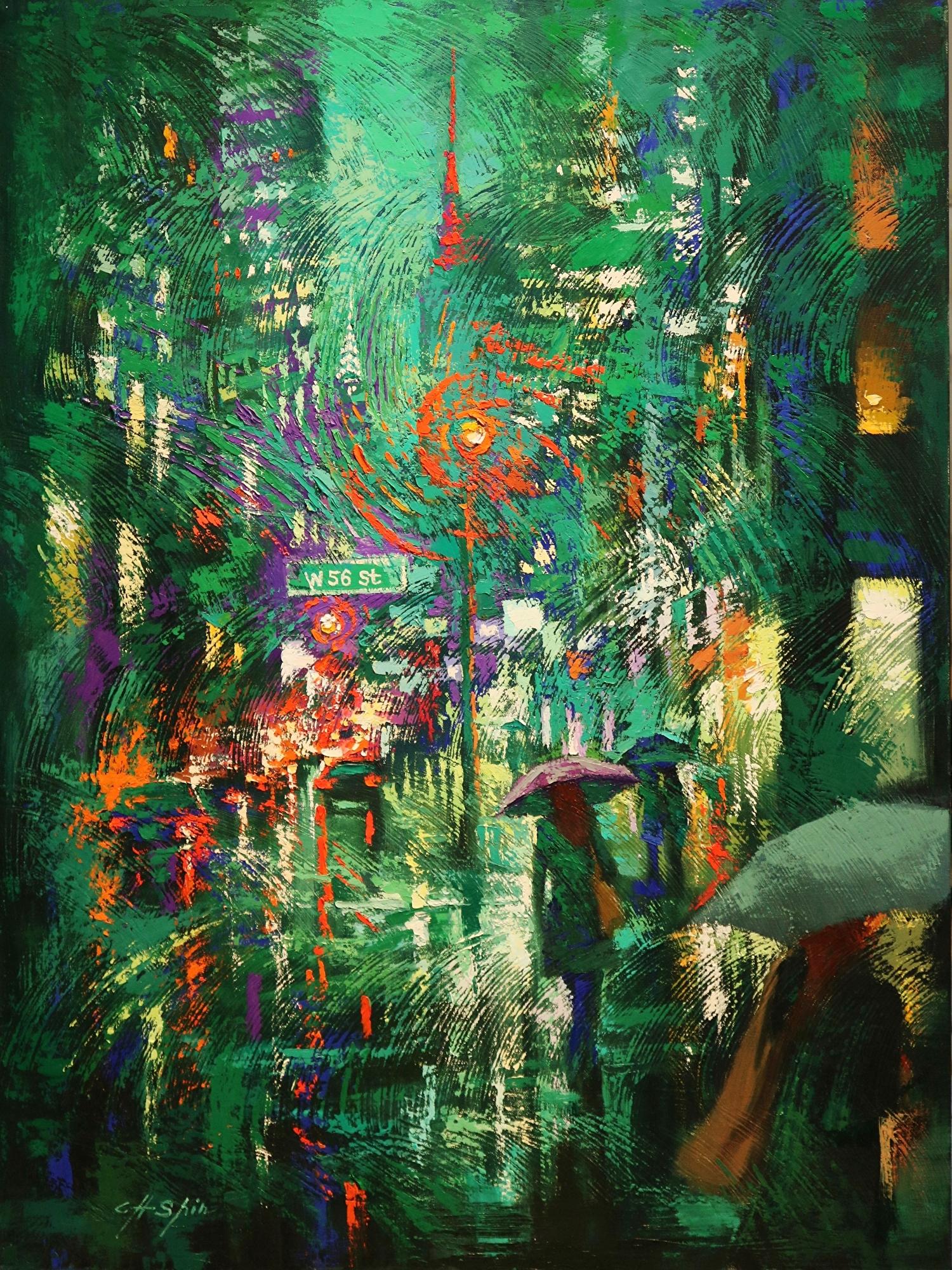 Oil on Canvas      40 x 30 x 1.5 inches      from Broadway New York City      * I often travel to New York city since it's very close to drive around, soon becomes evening,        When Rain drops in this Green evening, suddenly all these people and