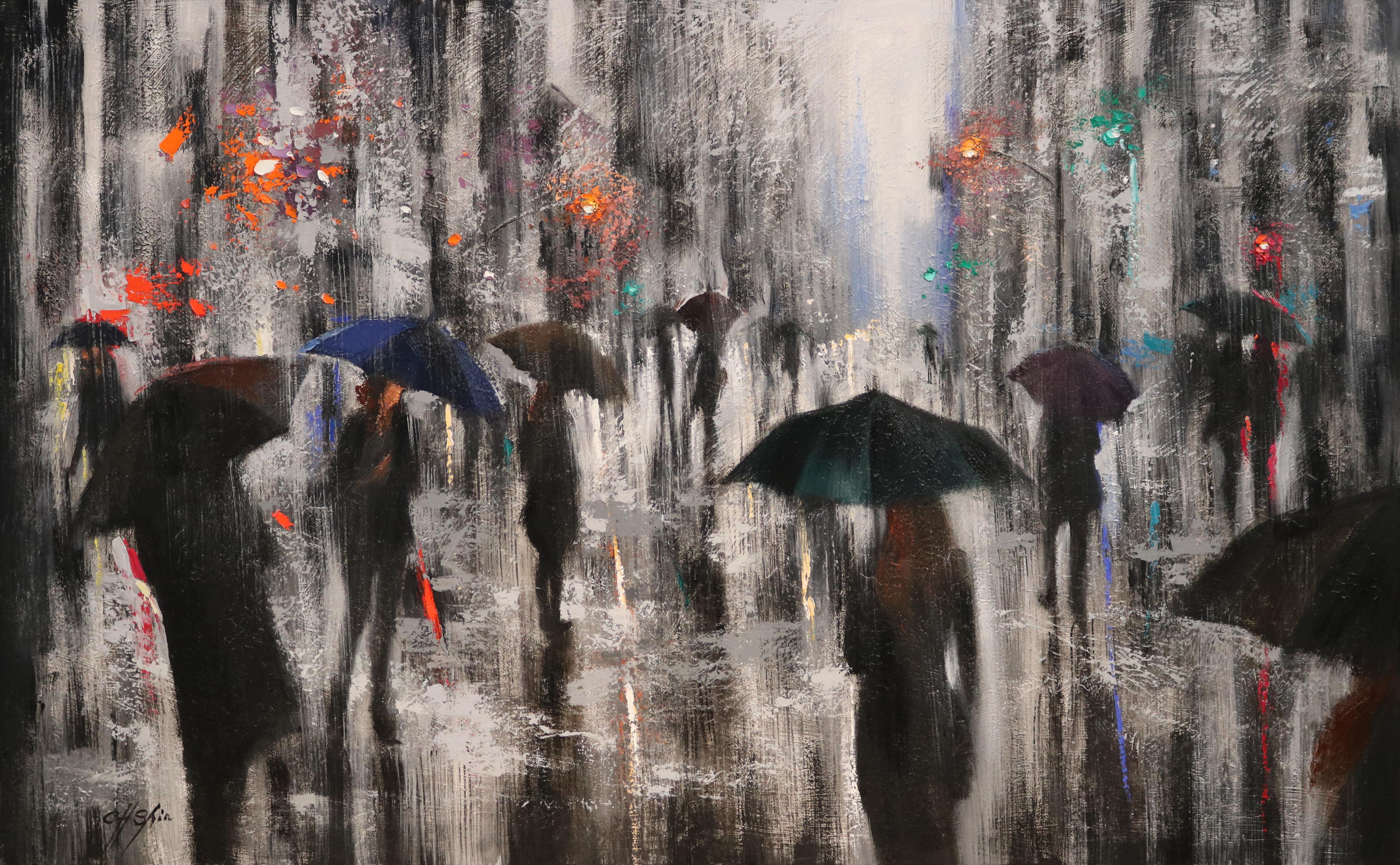 Oil on Canvas    30 x 48 x 1.5 inches    from New York City    Winter Rain is developed from my Rainy Day series   and winter rain in New York    I was trying to as much depth as possible in terms of   making a monochromatic Black and White painting