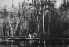 Boat on the Marañón River, Jungle series - Contemporary Drawing, work on paper