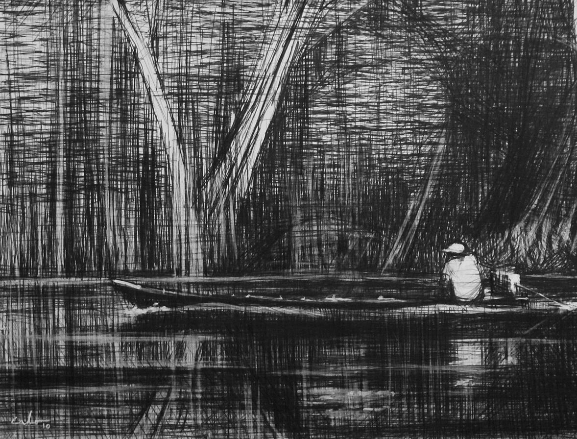 Boat on the Marañón River, Jungle series - Contemporary Drawing, work on paper For Sale 1