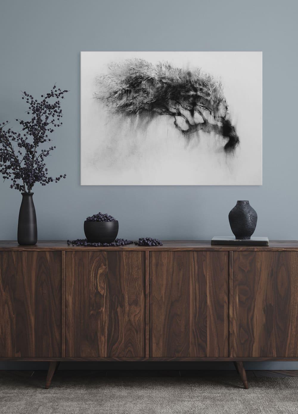 Tree in the wind is a unique black chalk on paper painting by contemporary artist Guy Oberson, dimensions are 59 × 79 cm (23.2 × 31.1 in). 
The artwork is signed, sold framed and comes with a certificate of authenticity. 

This artwork depicts a