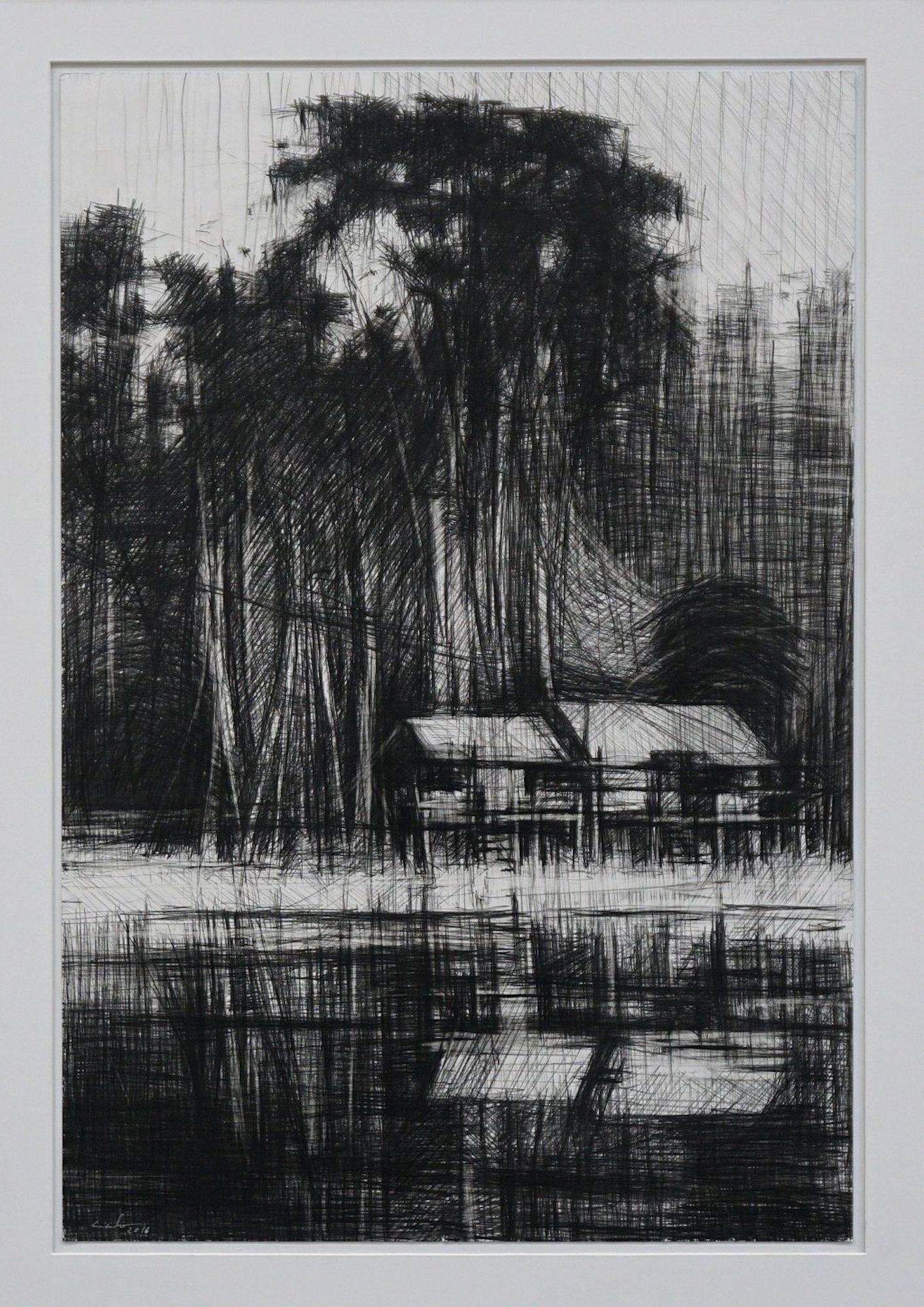 Selvas Negras n°4 ist ein einzigartiges Gemälde des zeitgenössischen Künstlers Calo Carratalá, das mit Bleistift auf 1,4 mm dickem Daler Rowney-Papier gemalt wurde und die Maße 120 × 81 cm hat. Die Abmessungen des gerahmten Kunstwerks (Holzrahmen