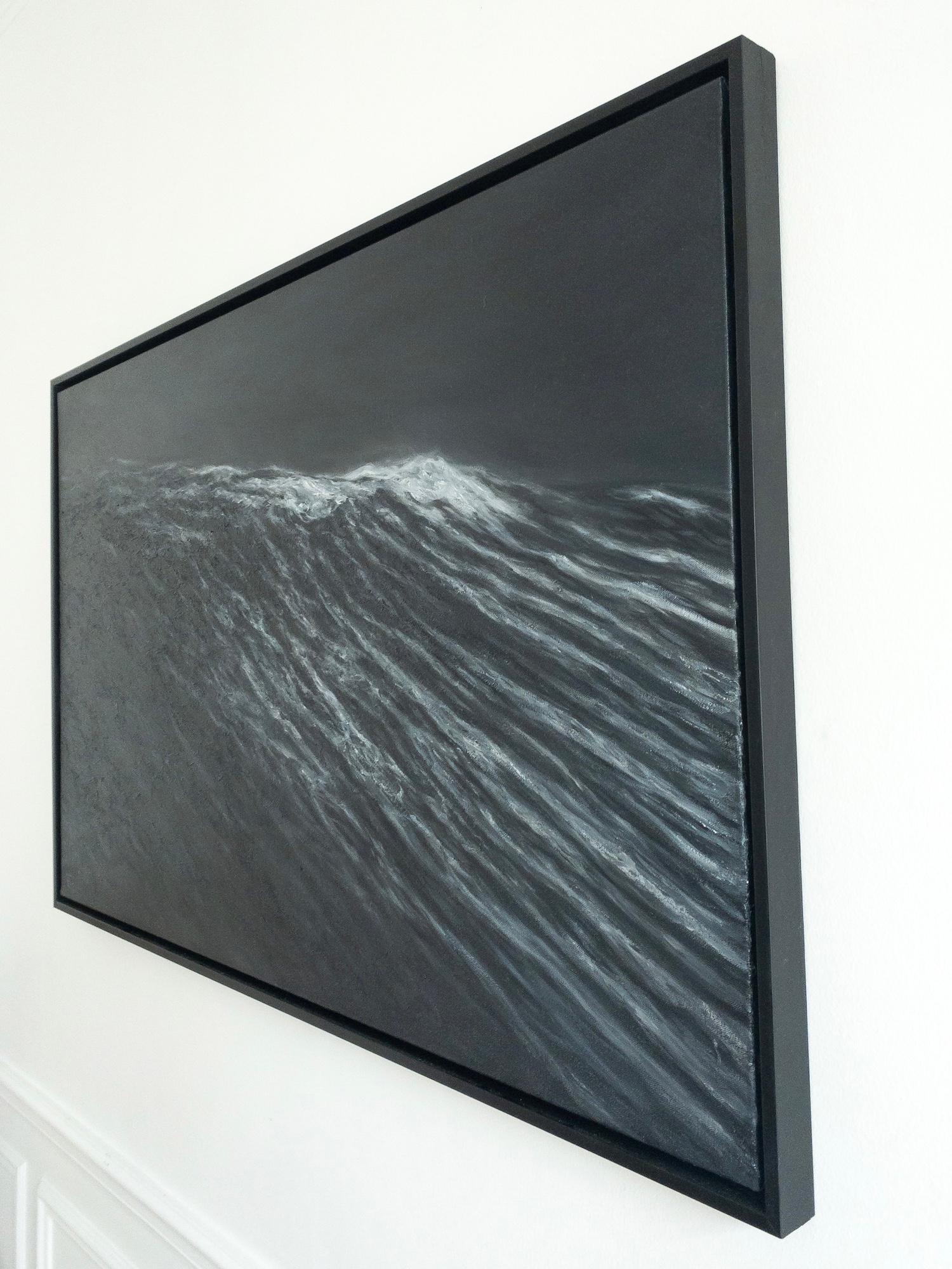 Requiem is a unique oil on canvas painting by contemporary artist Franco Salas Borquez, dimensions are 73 × 116 cm (28.7 × 45.7 in). This painting is sold with a black shadowbox frame, dimensions of the framed artwork are 77 x 120 cm (30.3 x 47.2