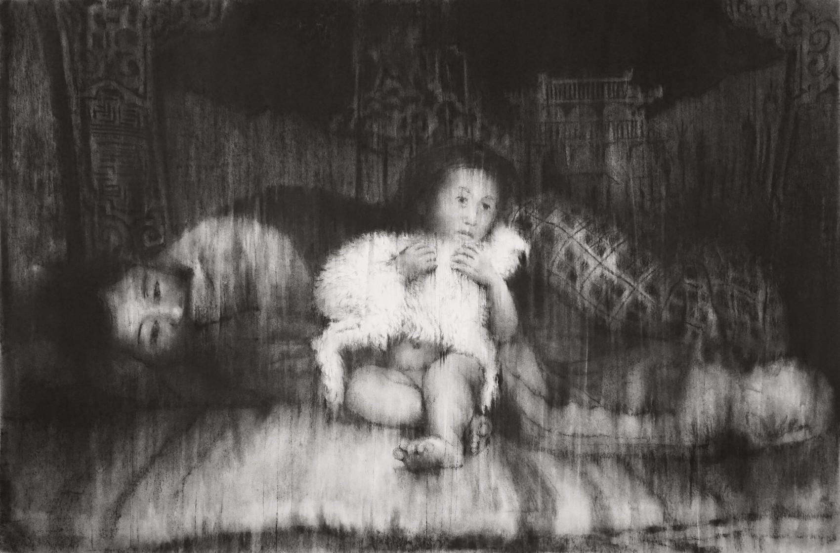 Awakening in Mongolia by Guy Oberson - Work on paper, mother and child, chalk