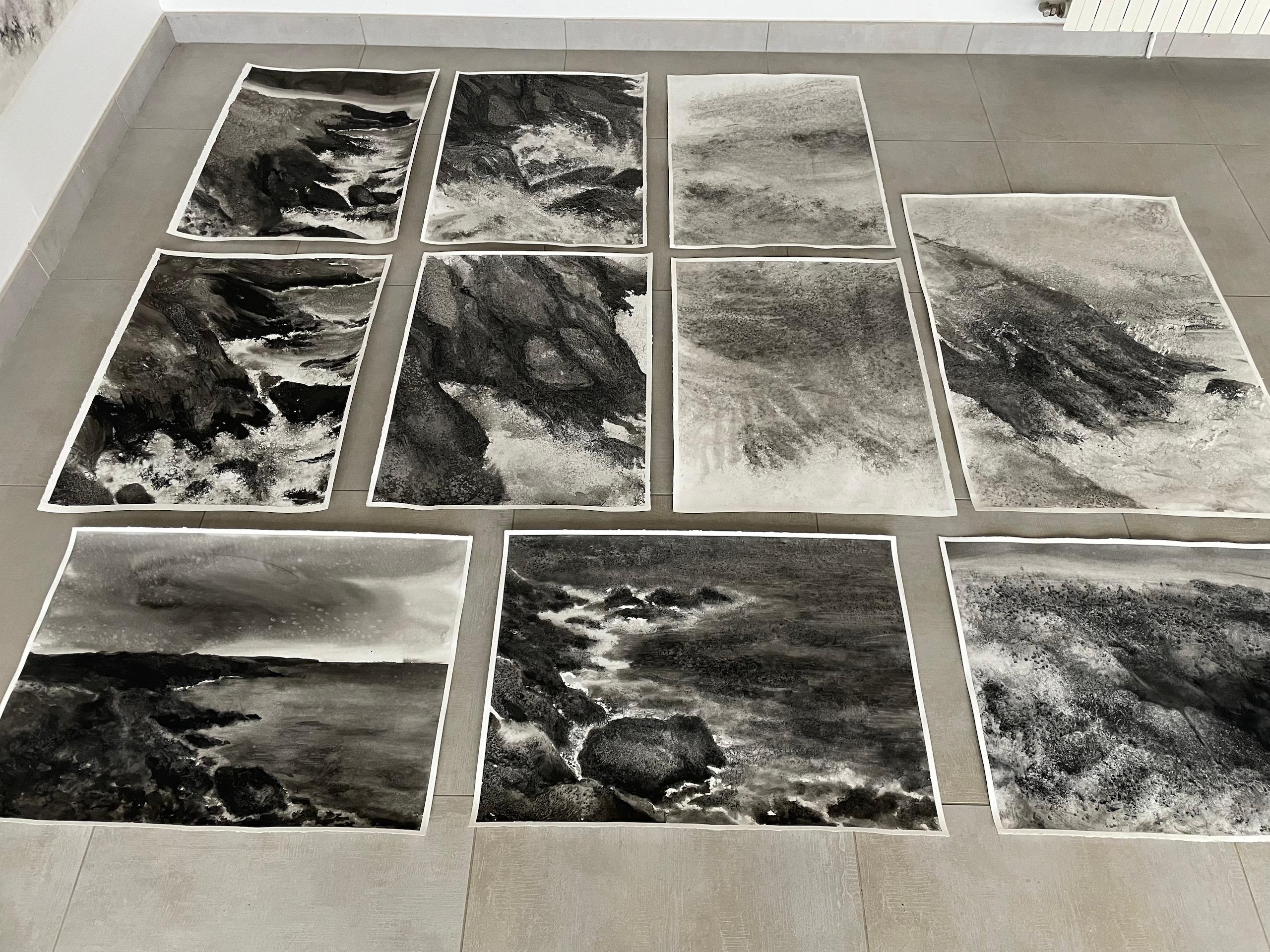 Cliffs, backwash (Pointe du Grouin #23.04) by Yann Bagot - Ink drawing, seascape For Sale 4