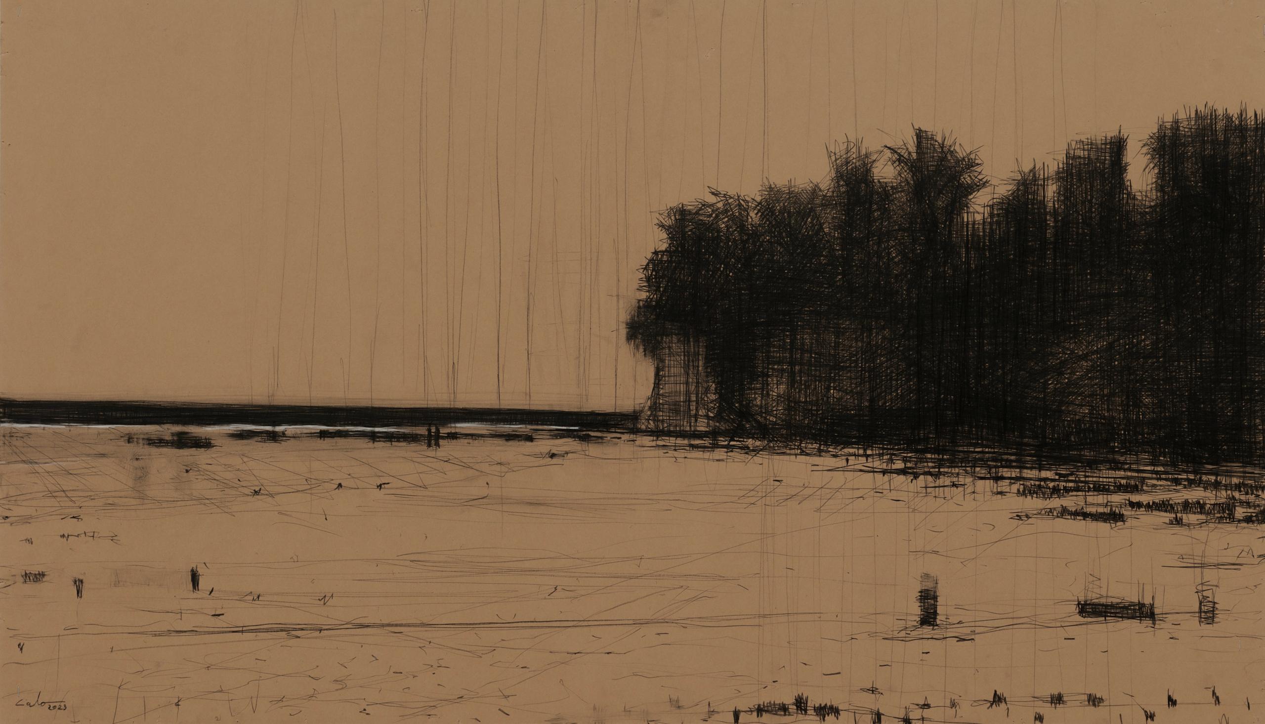 Beaches in Cap Skiring No.1 by Calo Carratalá - Pencil, Senegal, trees, river in vendita 2