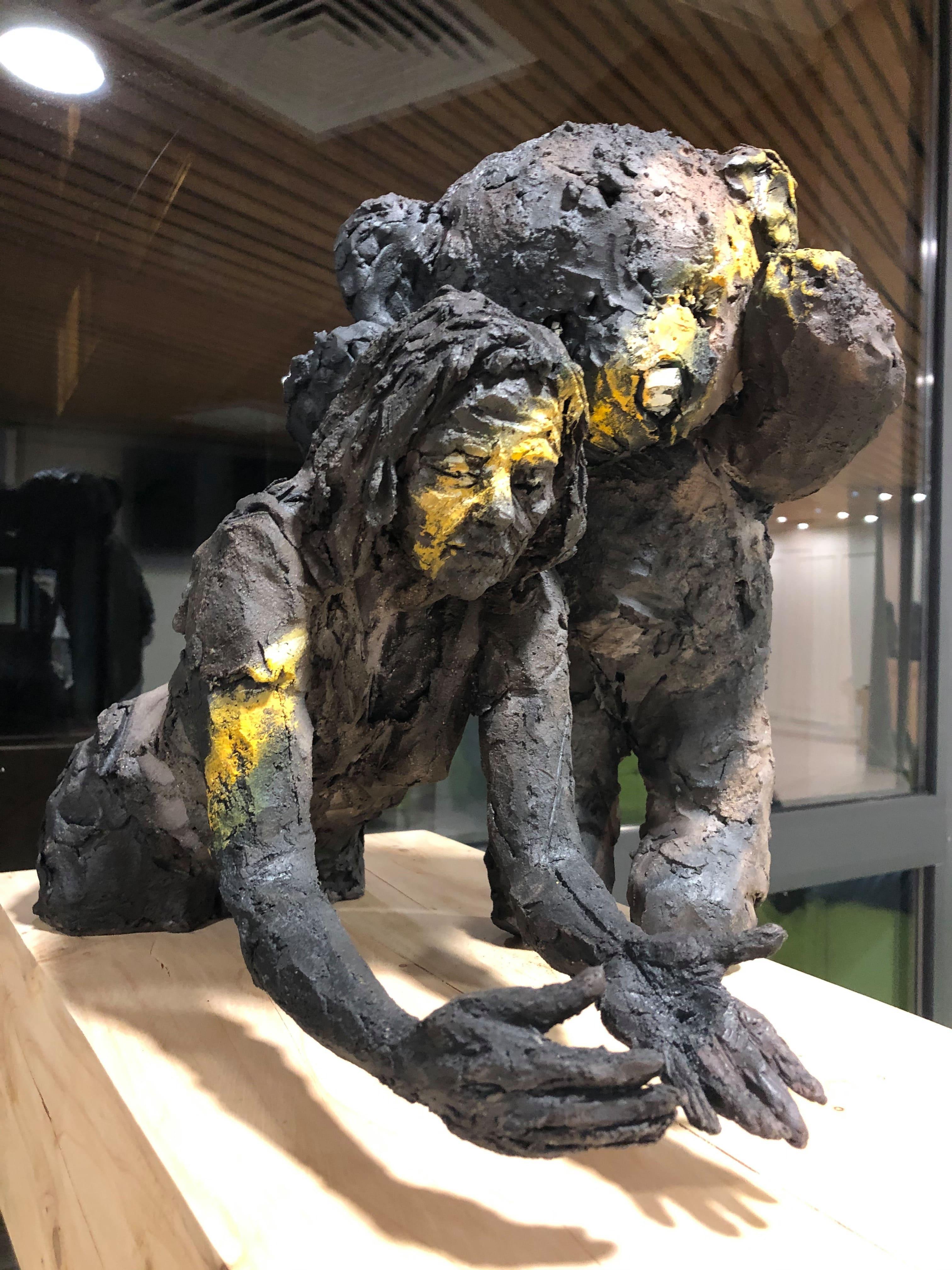 Wait (with Carole), by contemporary French artist Cécile Raynal. 
Smoke-fired stoneware sculpture, pigments, cypress plinth, 155 cm × 36 cm × 60 cm.
Dimensions of the woman : 30 cm H x 20 cm L x 45 cm D
Dimensions of the bear: 39 cm H x 27 cm L x 20