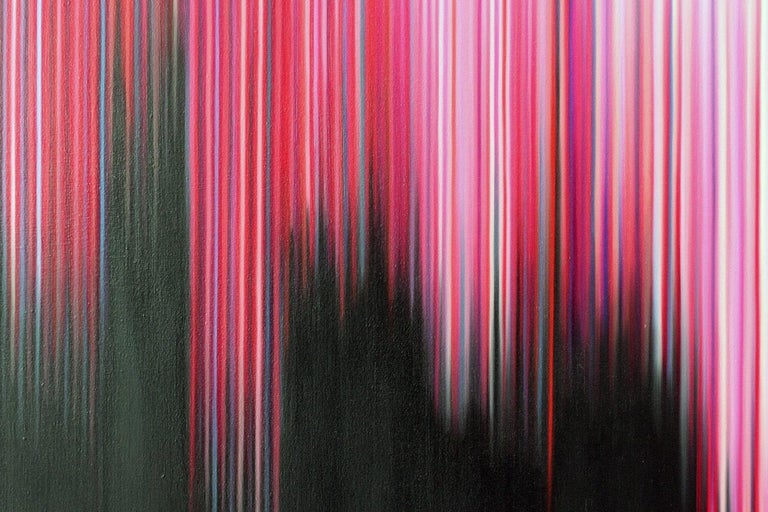 Oil on cotton canvas, 150 x 110 cm.
Inspired by a digital phenomenon, the Pink Paintings series revolves around a notion of abstraction. The parallel lines, so characteristic of the artist's work, imitate the result of a digital camera