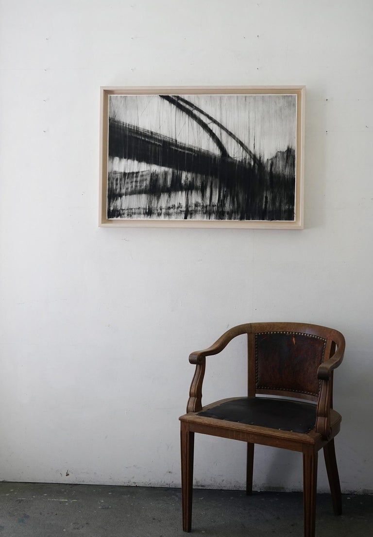Black chalk on paper, 2012. 
Artwork sold framed (white american box). Dimensions of the framed artwork: 67 x 97 cm.
This drawing is of a Berlin cityscape and a bridge. The German capital is one of the key places for the artist's work as it is where