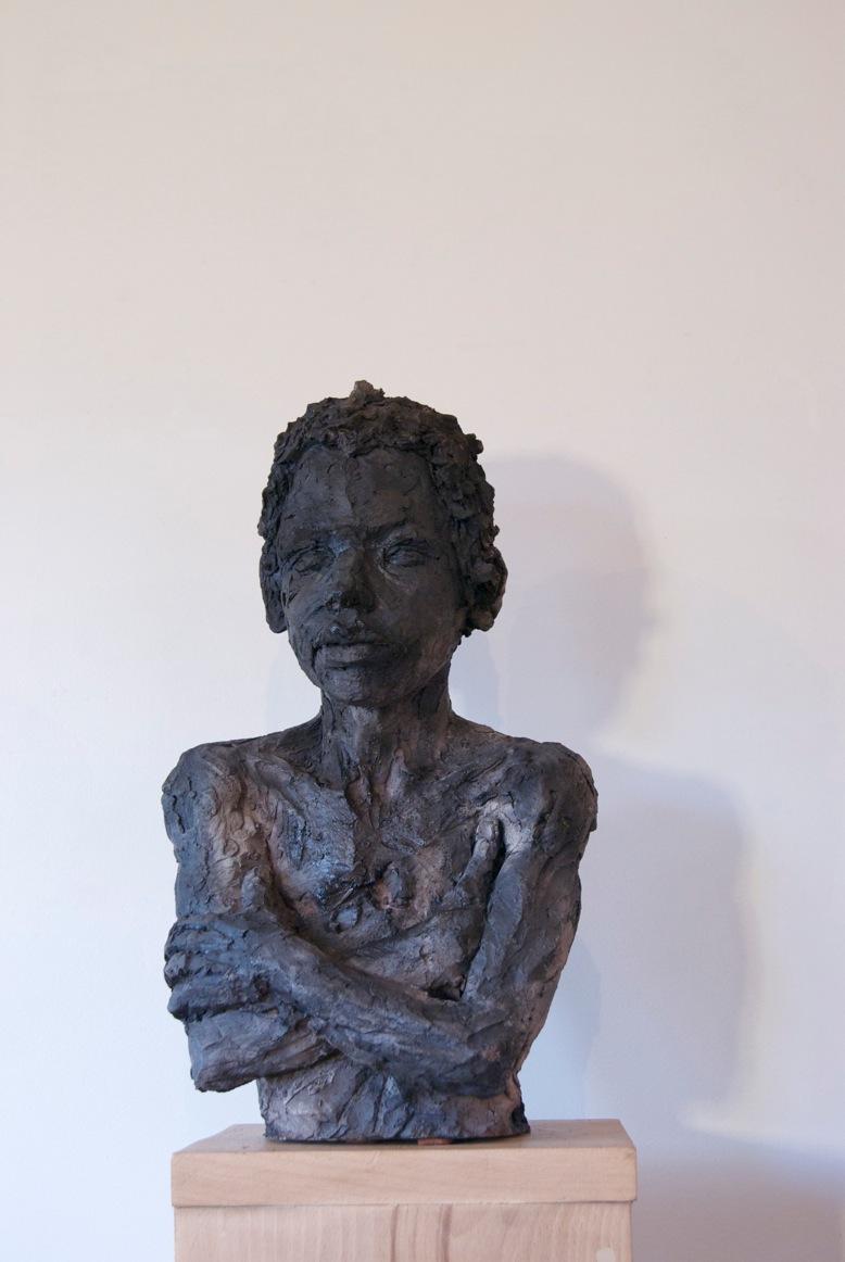 Cécile Raynal Figurative Sculpture - Lucas, Child Portrait, Stoneware Sculpture