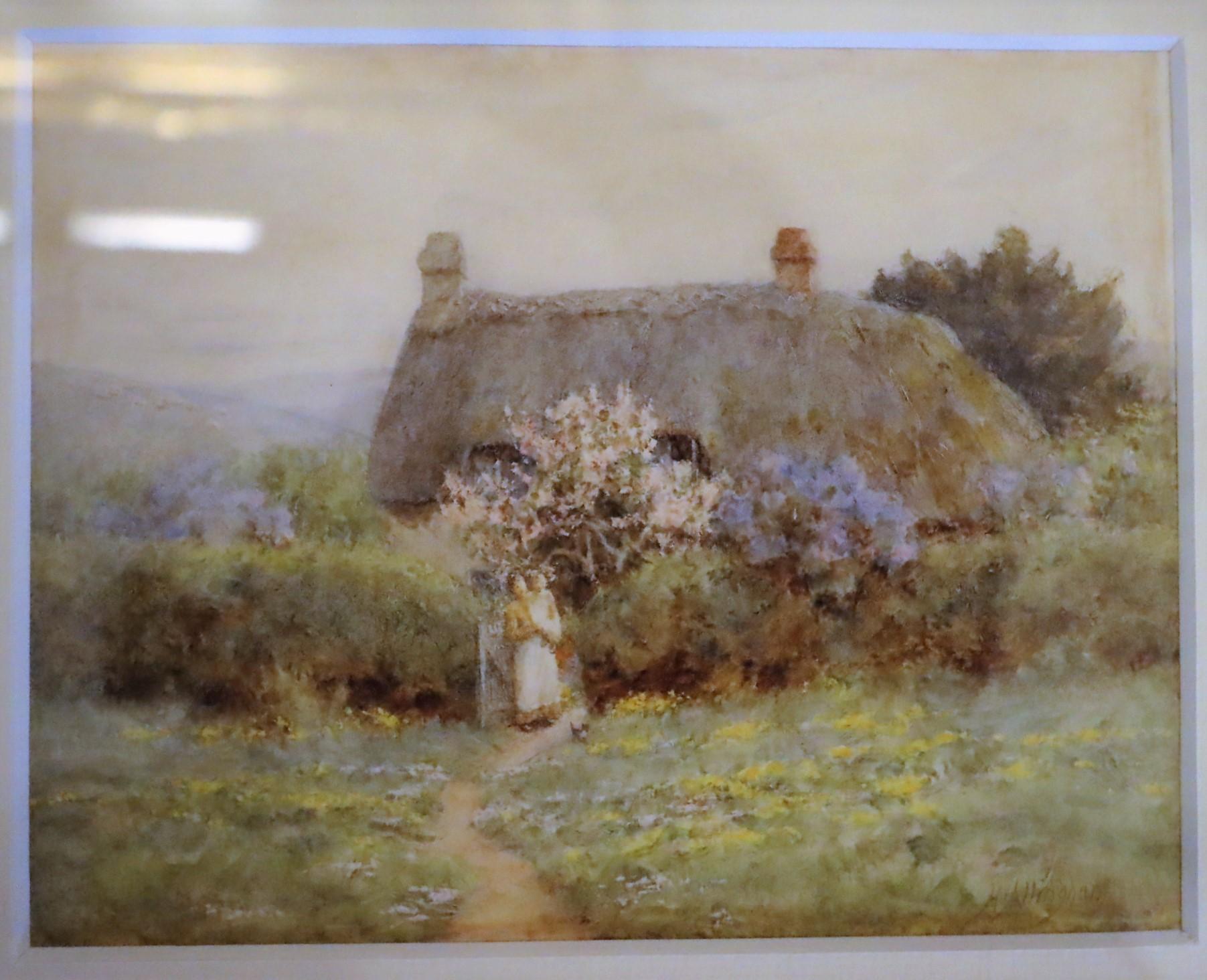 Thatched Cottage with Lady and Child at the Garden Gate - Art by Helen Allingham