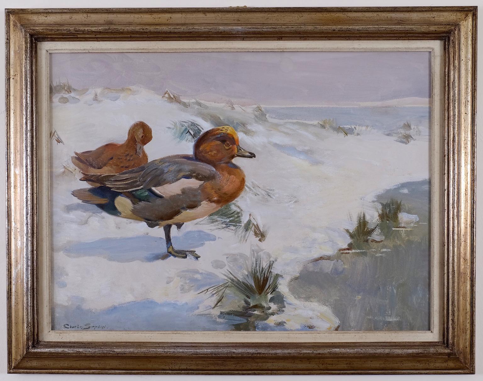 Wigeons In Winter A 20th Century Bird painting  - Painting by Charles Simpson 