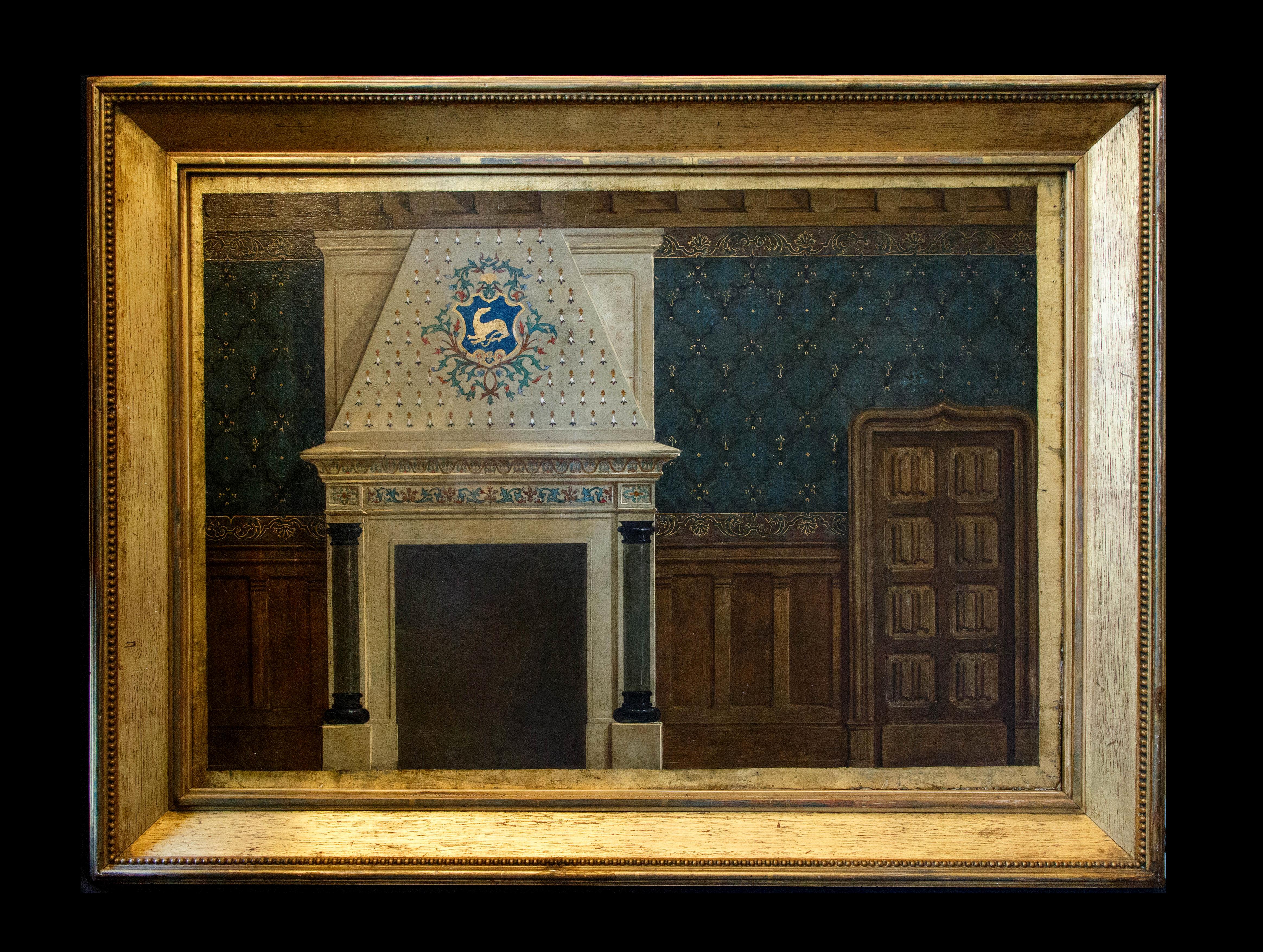 Unknown Interior Painting - A Gothic interior, of a panelled room with a canopied fireplace - oil painting