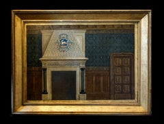 A Gothic interior, of a panelled room with a canopied fireplace - oil painting