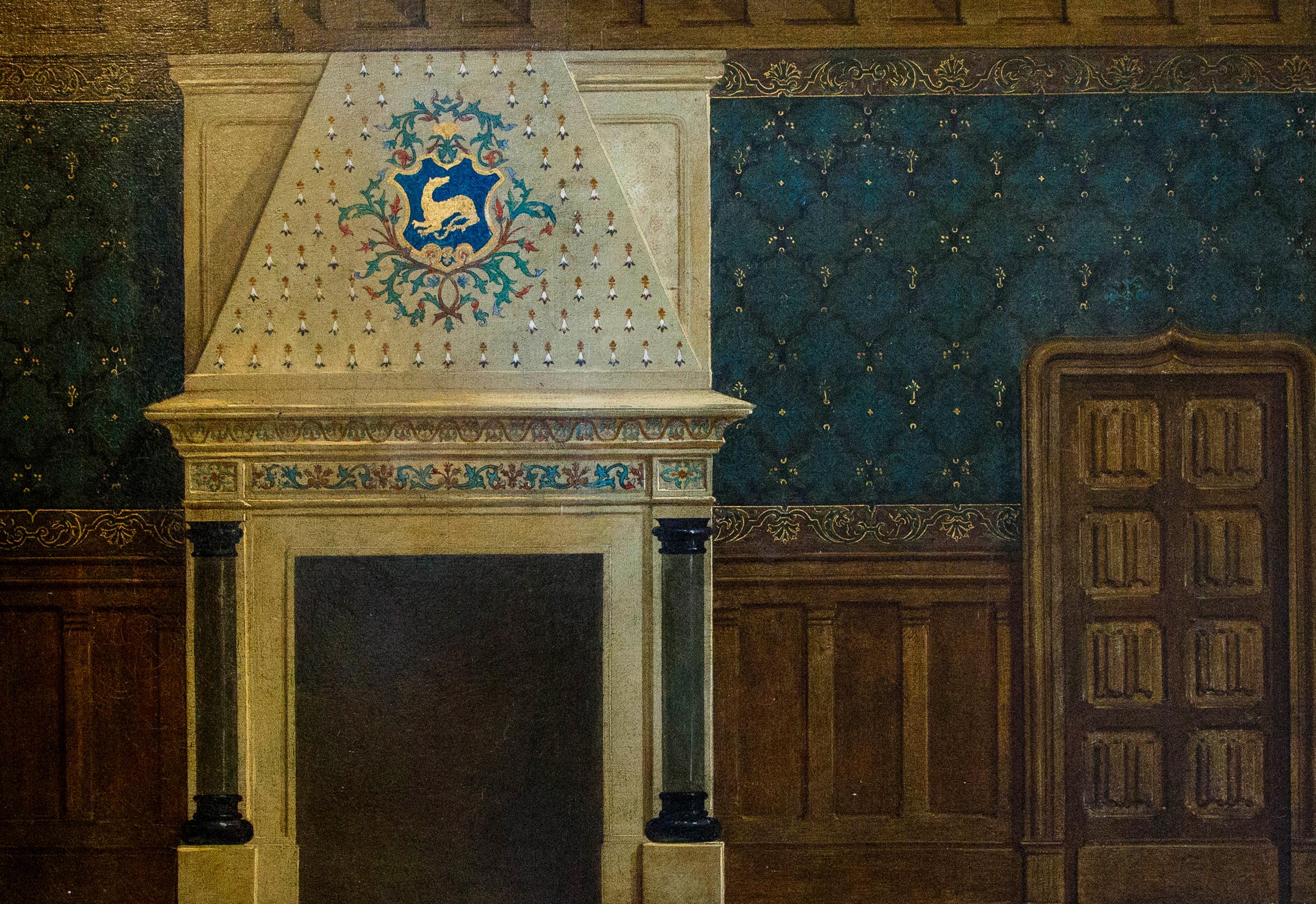 A Gothic interior, of a panelled room with a canopied fireplace - oil painting - Painting by Unknown