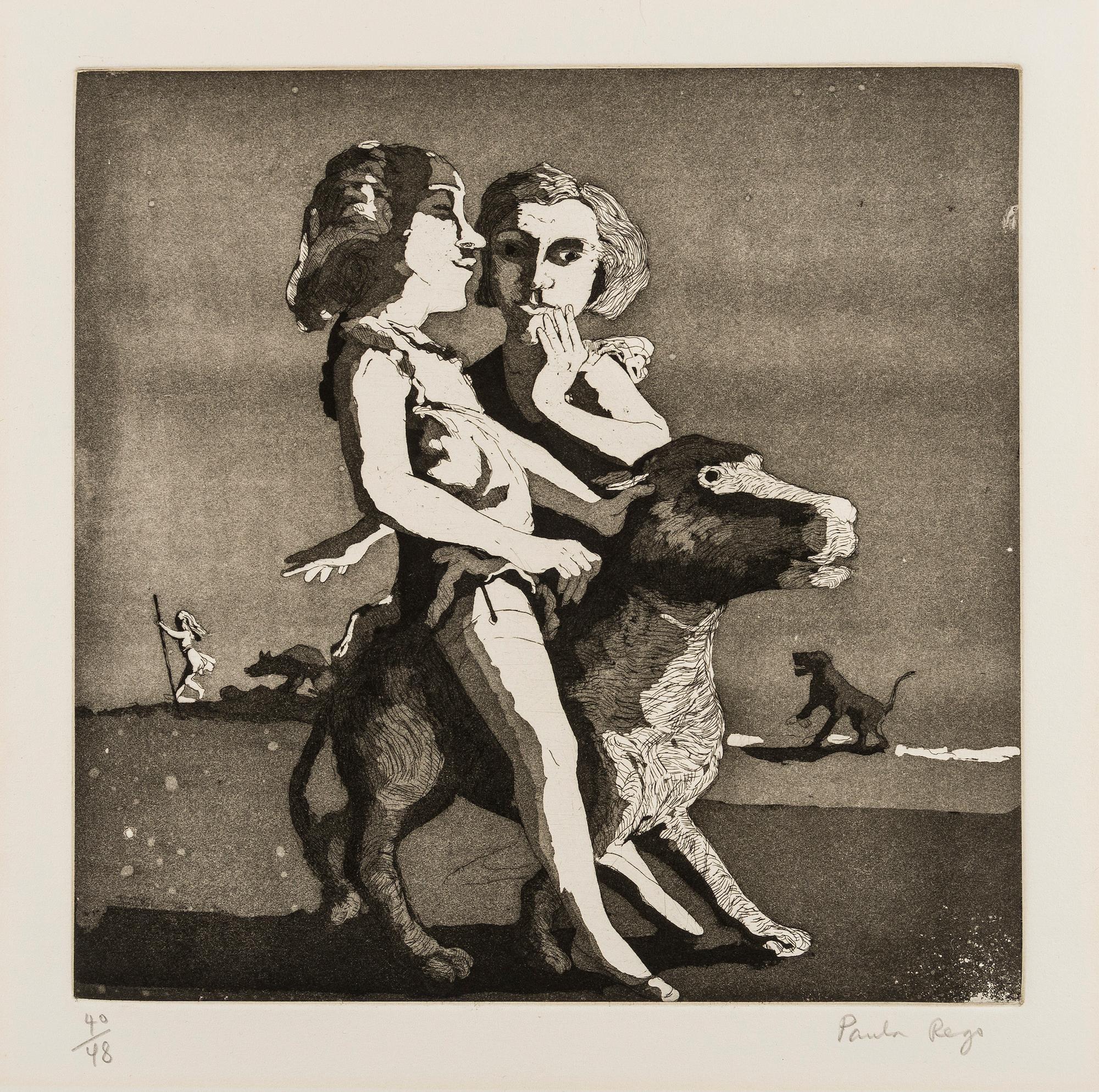 PAULA REGO
Young Predators, 1987

Etching with aquatint, on wove
Signed and numbered from the edition of 50
Printed and published by the Royal College of Art, London
Plate: 24.6 x 25.0 cm (9.7 x 9.8 in)
Sheet: 30.5 x 30.4 cm (12.0 x 12.0
