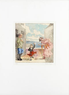 Dance to your Daddy -- Print, Etching, Hand-coloured, Father's Day, by Rego